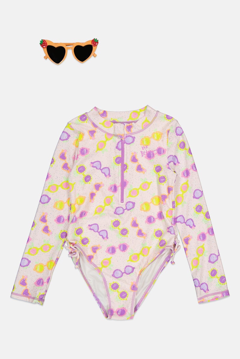 Betsey Johnson Kids Girl 2 Pieces Allover Print Rashguard And Sunglasses, Multicolor - Image 1