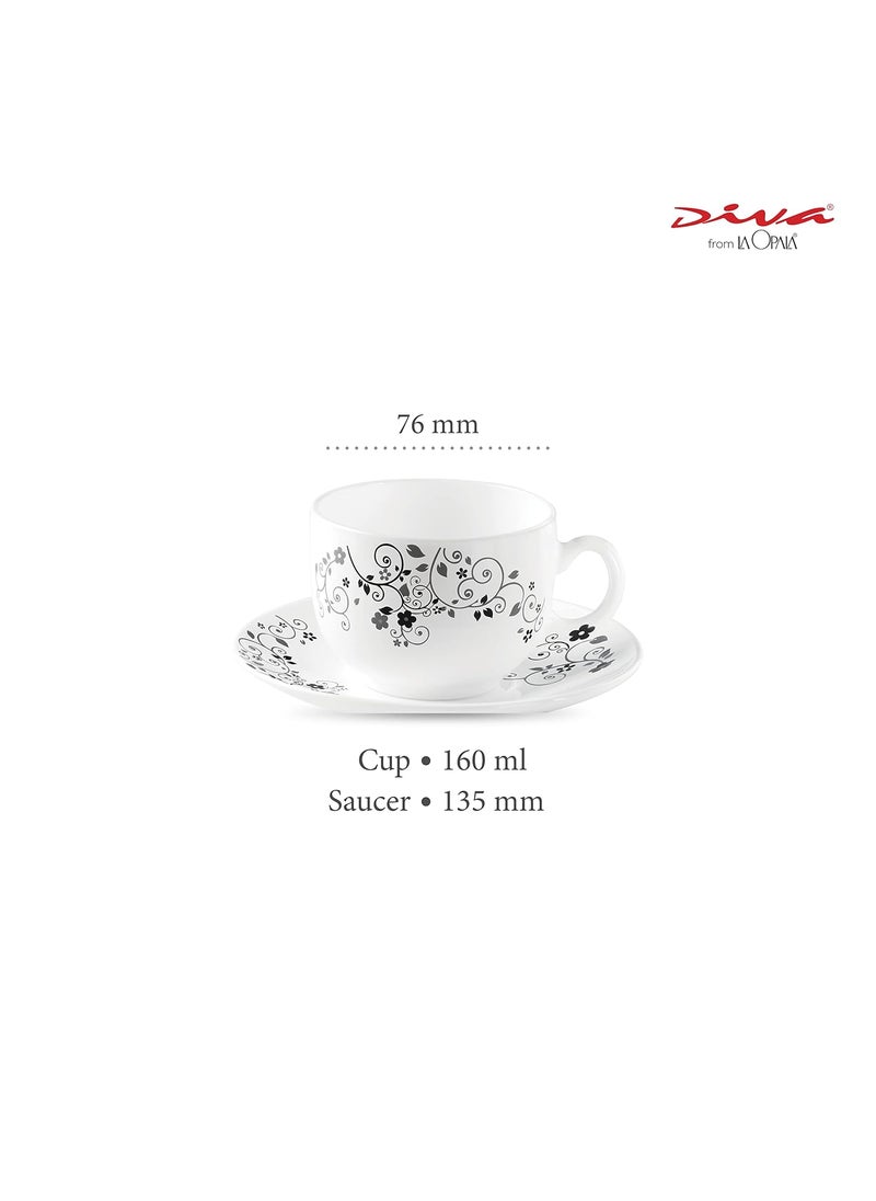 La Opala La Opala Diva, Opal Glass Crockery | Cup & Saucer Iris Regular, Set of 12 | Mystrio Black, 160 ml | for Tea & Coffee | Microwave Safe | 100% Vegetarian | Extra Strong | Super Light | Super White  - Image 2