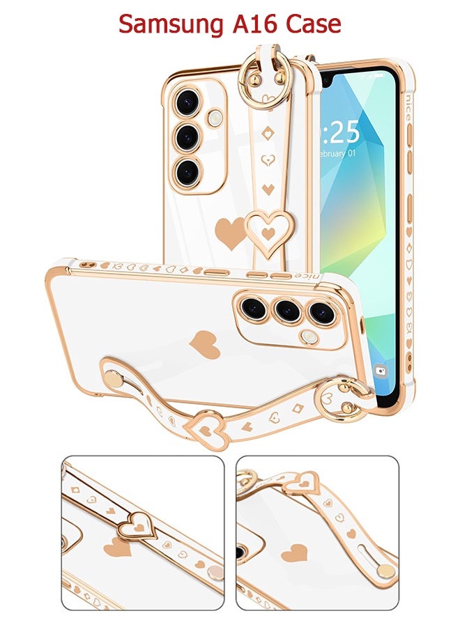 Wffo Compatible with Samsung Galaxy A16 Case - Adjustable Wrist Strap Kickstand - Cute Heart Luxury Gold Plating Bumper - Women Men Protective Case Cover - White - Image 1