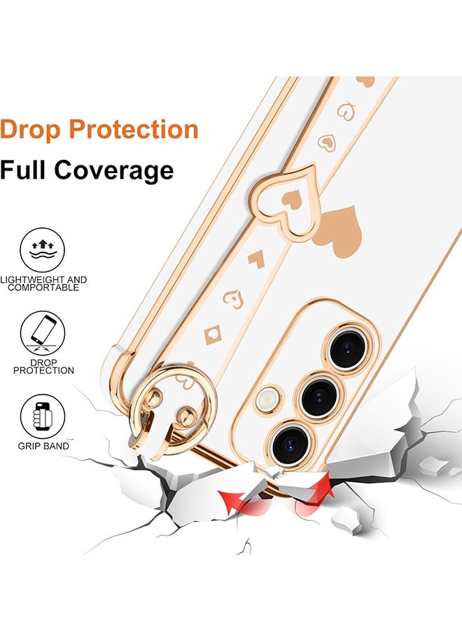 Wffo Compatible with Samsung Galaxy A16 Case - Adjustable Wrist Strap Kickstand - Cute Heart Luxury Gold Plating Bumper - Women Men Protective Case Cover - White - Image 2
