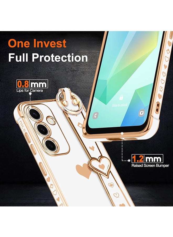 Wffo Compatible with Samsung Galaxy A16 Case - Adjustable Wrist Strap Kickstand - Cute Heart Luxury Gold Plating Bumper - Women Men Protective Case Cover - White - Image 3
