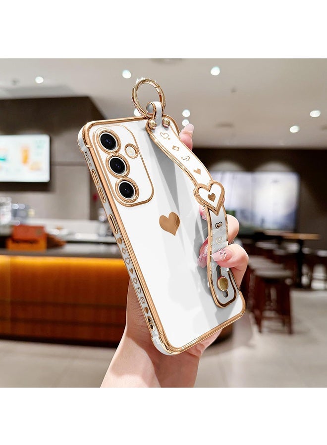 Wffo Compatible with Samsung Galaxy A16 Case - Adjustable Wrist Strap Kickstand - Cute Heart Luxury Gold Plating Bumper - Women Men Protective Case Cover - White - Image 4