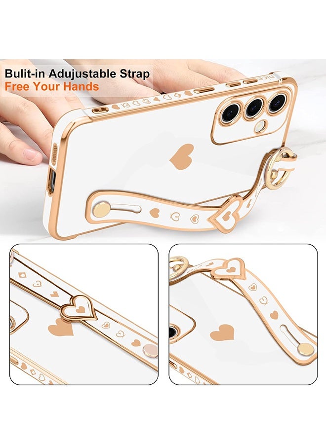 Wffo Compatible with Samsung Galaxy A16 Case - Adjustable Wrist Strap Kickstand - Cute Heart Luxury Gold Plating Bumper - Women Men Protective Case Cover - White - Image 5