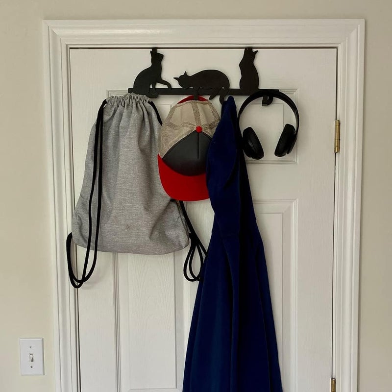 Evelots Over The Door 4 Hook Towel/Coat Rack Hanger Organizer, Kitty Cat Design-Easy No Tool Installation-Black Iron-Holds 20 lbs. - Image 4
