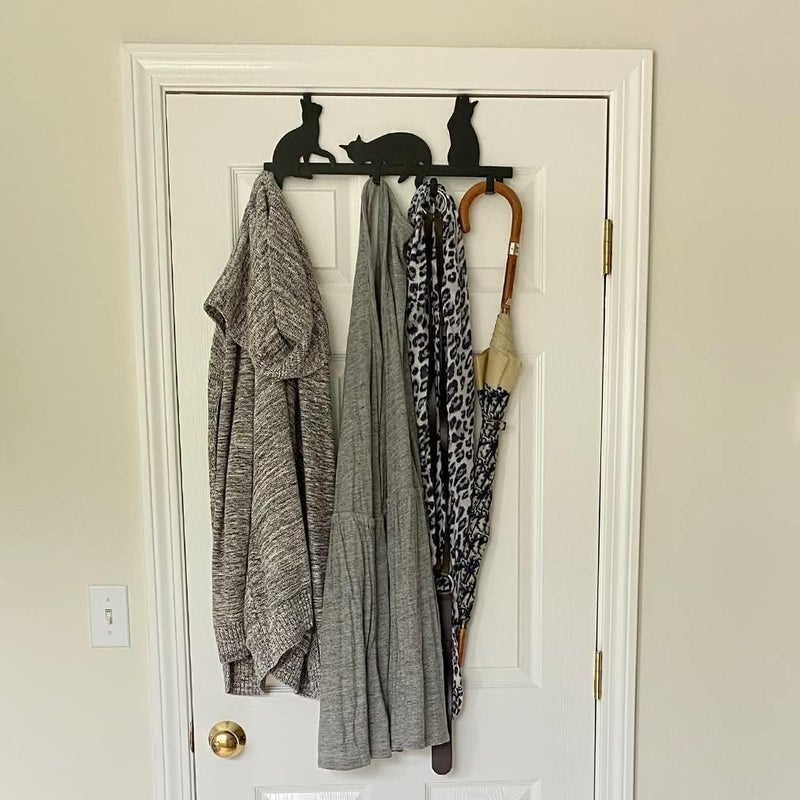 Evelots Over The Door 4 Hook Towel/Coat Rack Hanger Organizer, Kitty Cat Design-Easy No Tool Installation-Black Iron-Holds 20 lbs. - Image 3