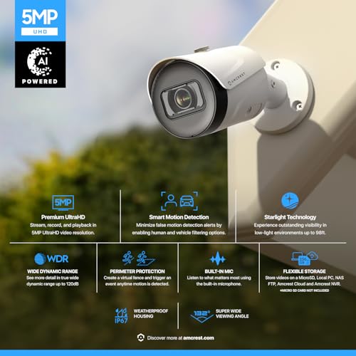 Amcrest 5MP Outdoor POE Camera 2592 x 1944p Bullet IP Security Camera IP67 132 Viewing Angle Human Vehicle Detection Tripwire Intrusion 5Megapixel IP5MB1186EWAIV3 White - Image 3