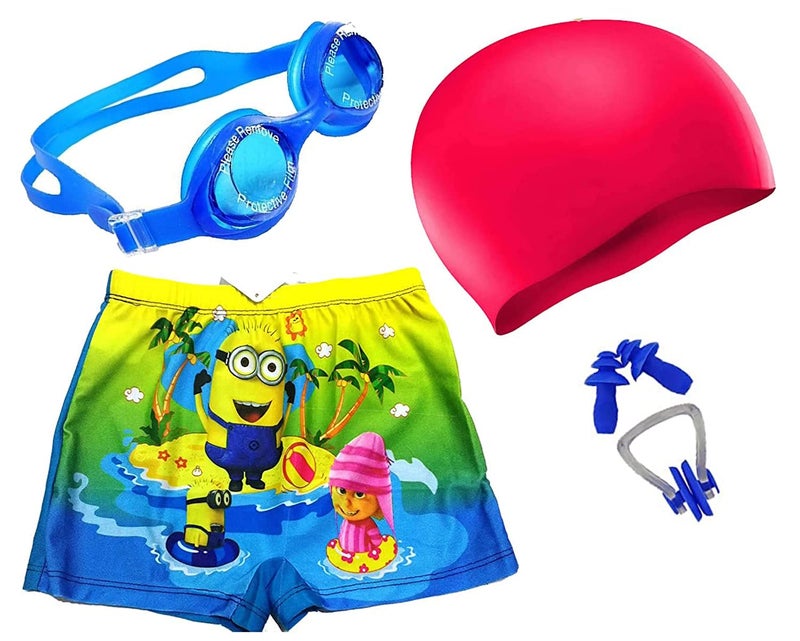 Drauss® Boys Swimming Kit with 1 Swimming Shorts, 1 Anti Fog Swimming Goggles, 1 Silicone Swimming Cap, 2 Ear Plugs (2-4 Years, Red) - Image 1
