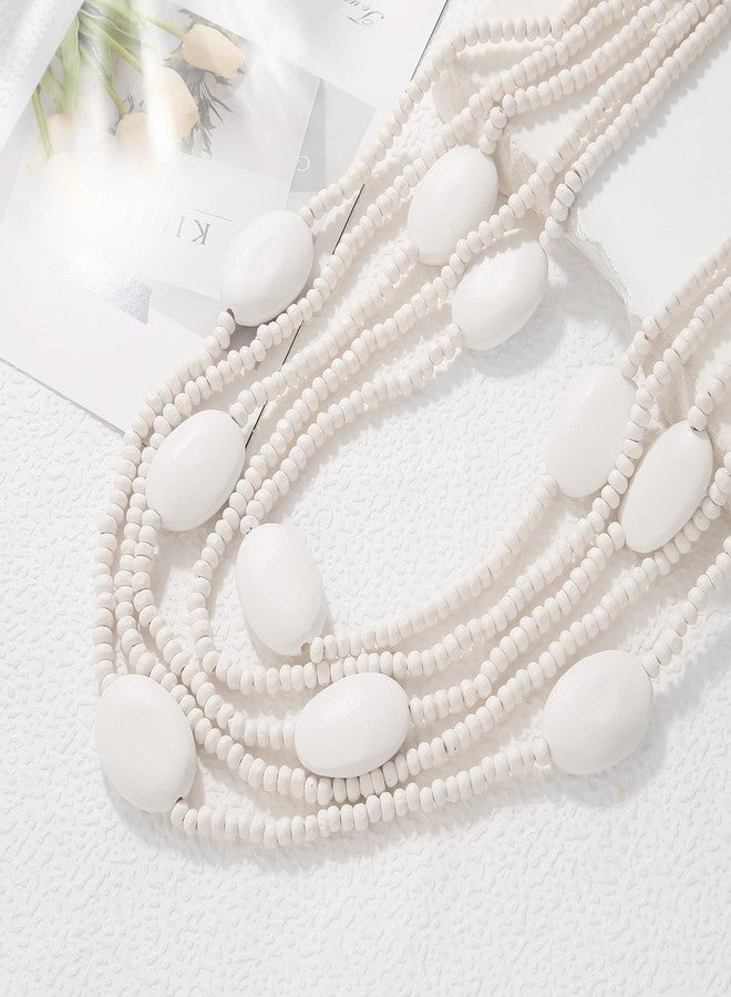 Coiris Bead Necklace for Women 5 Layers Strand Wooden Choker Necklaces for Women Chunky Statement Ethnic Bead Layered Bib Collar Necklace Hip Hop Jewelry (N0019-White) - Image 4