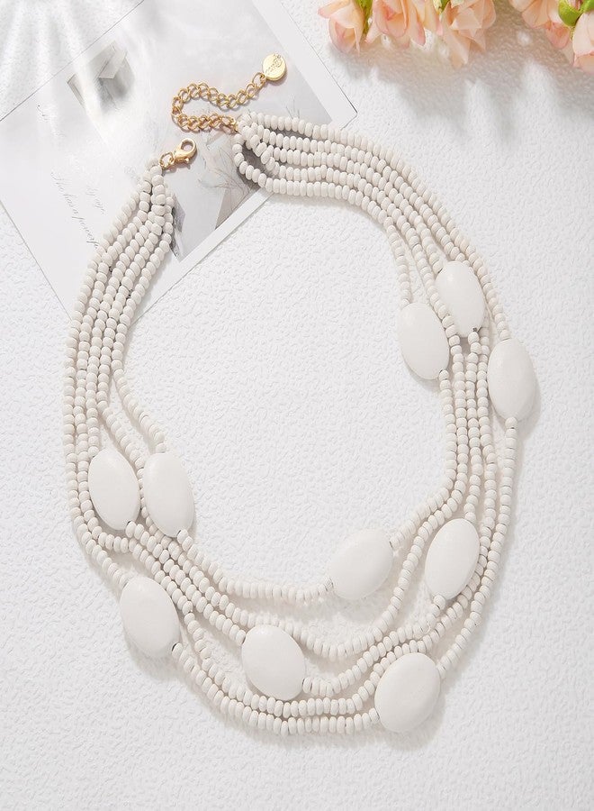 Coiris Bead Necklace for Women 5 Layers Strand Wooden Choker Necklaces for Women Chunky Statement Ethnic Bead Layered Bib Collar Necklace Hip Hop Jewelry (N0019-White) - Image 3