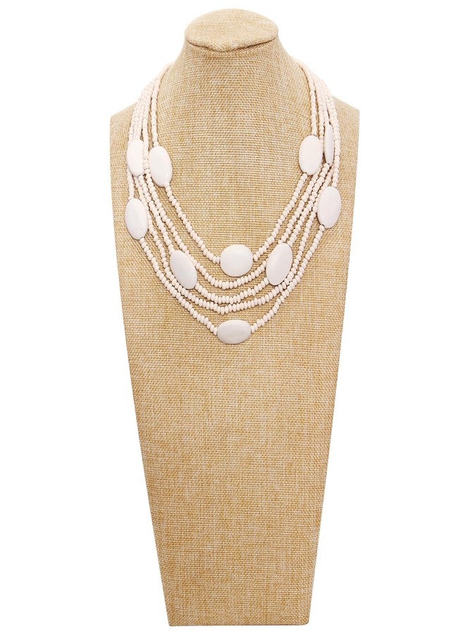 Coiris Bead Necklace for Women 5 Layers Strand Wooden Choker Necklaces for Women Chunky Statement Ethnic Bead Layered Bib Collar Necklace Hip Hop Jewelry (N0019-White) - Image 2