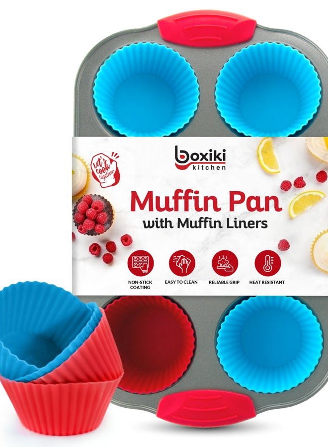 Boxiki Kitchen 6 Cup Muffin Pan with Silicone Liners - Non-Stick Steel Frame Cupcake Pan with 6 Reusable Silicone Baking Cups, BPA Free, Silicone Grip Handles, Heat Resistant Bakeware for Small Batch Baking - Image 1