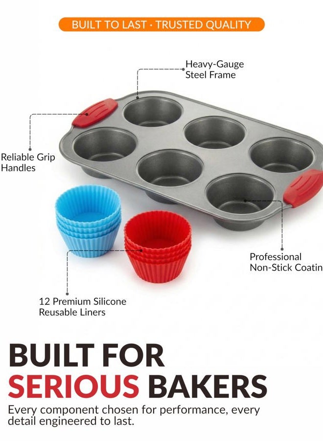 Boxiki Kitchen 6 Cup Muffin Pan with Silicone Liners - Non-Stick Steel Frame Cupcake Pan with 6 Reusable Silicone Baking Cups, BPA Free, Silicone Grip Handles, Heat Resistant Bakeware for Small Batch Baking - Image 2