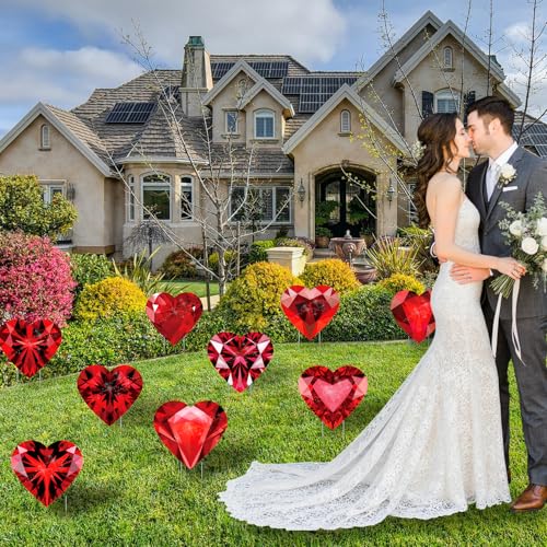 BoGlowHaven 13" Valentine's Day Yard Signs 9ct, Diamond-Design Heart Outdoor Decorations for Wedding, Proposal & Romantic Celebrations, Lawn Pathway Decor with 18 Stakes - Image 3