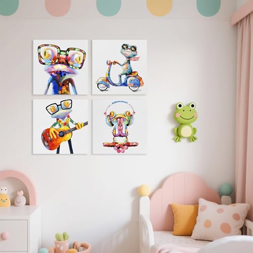 JAPO ART Happy Frog Pictures Wall Decor Animal with Glasses Canvas Wall Art Frog Painting Poster Colorful Funny Animal Wall Art for Kids Room Bedroom Modern Home Decor 12x12Inchx4pcs - Image 5
