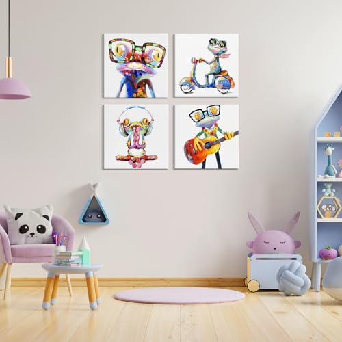 JAPO ART Happy Frog Pictures Wall Decor Animal with Glasses Canvas Wall Art Frog Painting Poster Colorful Funny Animal Wall Art for Kids Room Bedroom Modern Home Decor 12x12Inchx4pcs - Image 3
