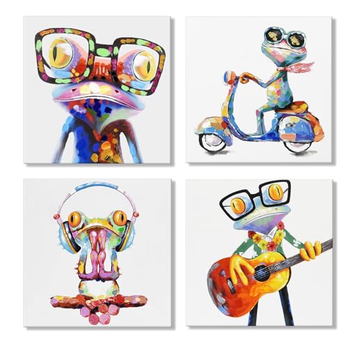 JAPO ART Happy Frog Pictures Wall Decor Animal with Glasses Canvas Wall Art Frog Painting Poster Colorful Funny Animal Wall Art for Kids Room Bedroom Modern Home Decor 12x12Inchx4pcs - Image 1