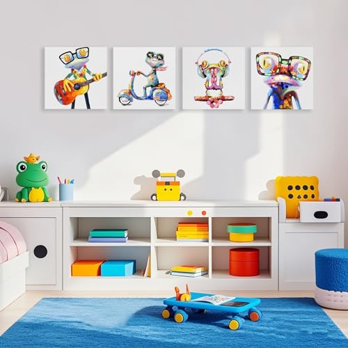 JAPO ART Happy Frog Pictures Wall Decor Animal with Glasses Canvas Wall Art Frog Painting Poster Colorful Funny Animal Wall Art for Kids Room Bedroom Modern Home Decor 12x12Inchx4pcs - Image 4