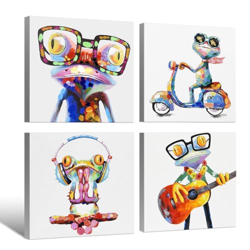 JAPO ART Happy Frog Pictures Wall Decor Animal with Glasses Canvas Wall Art Frog Painting Poster Colorful Funny Animal Wall Art for Kids Room Bedroom Modern Home Decor 12x12Inchx4pcs - Image 2