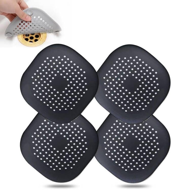 Hair Drain CatcherSquare Drain Cover for Shower Silicone Hair Stopper with Suction CupEasy to Install Suit for BathroomBathtubKitchen 4 Pack Jet Black
