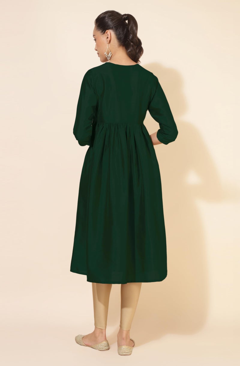 Janasya Women's Dark Green Silk Blend Yoke Embroidered A-Line Kurta (JAC24KR01400-2XL) - Image 5