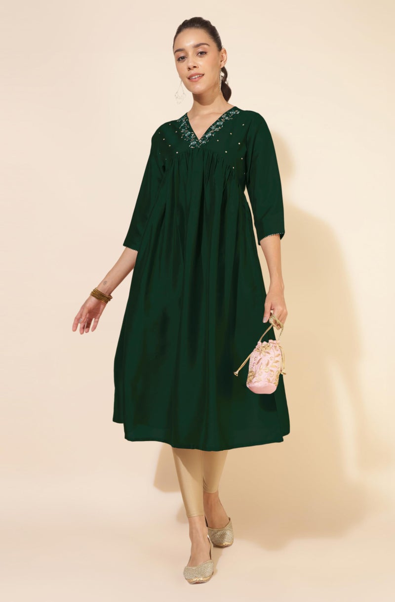 Janasya Women's Dark Green Silk Blend Yoke Embroidered A-Line Kurta (JAC24KR01400-2XL) - Image 2