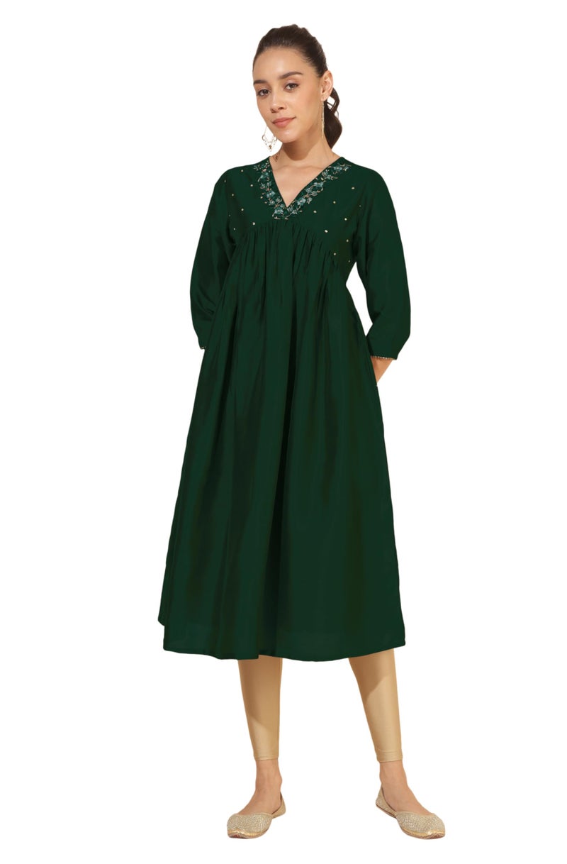 Janasya Women's Dark Green Silk Blend Yoke Embroidered A-Line Kurta (JAC24KR01400-2XL) - Image 1