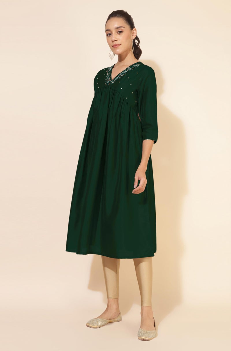 Janasya Women's Dark Green Silk Blend Yoke Embroidered A-Line Kurta (JAC24KR01400-2XL) - Image 3