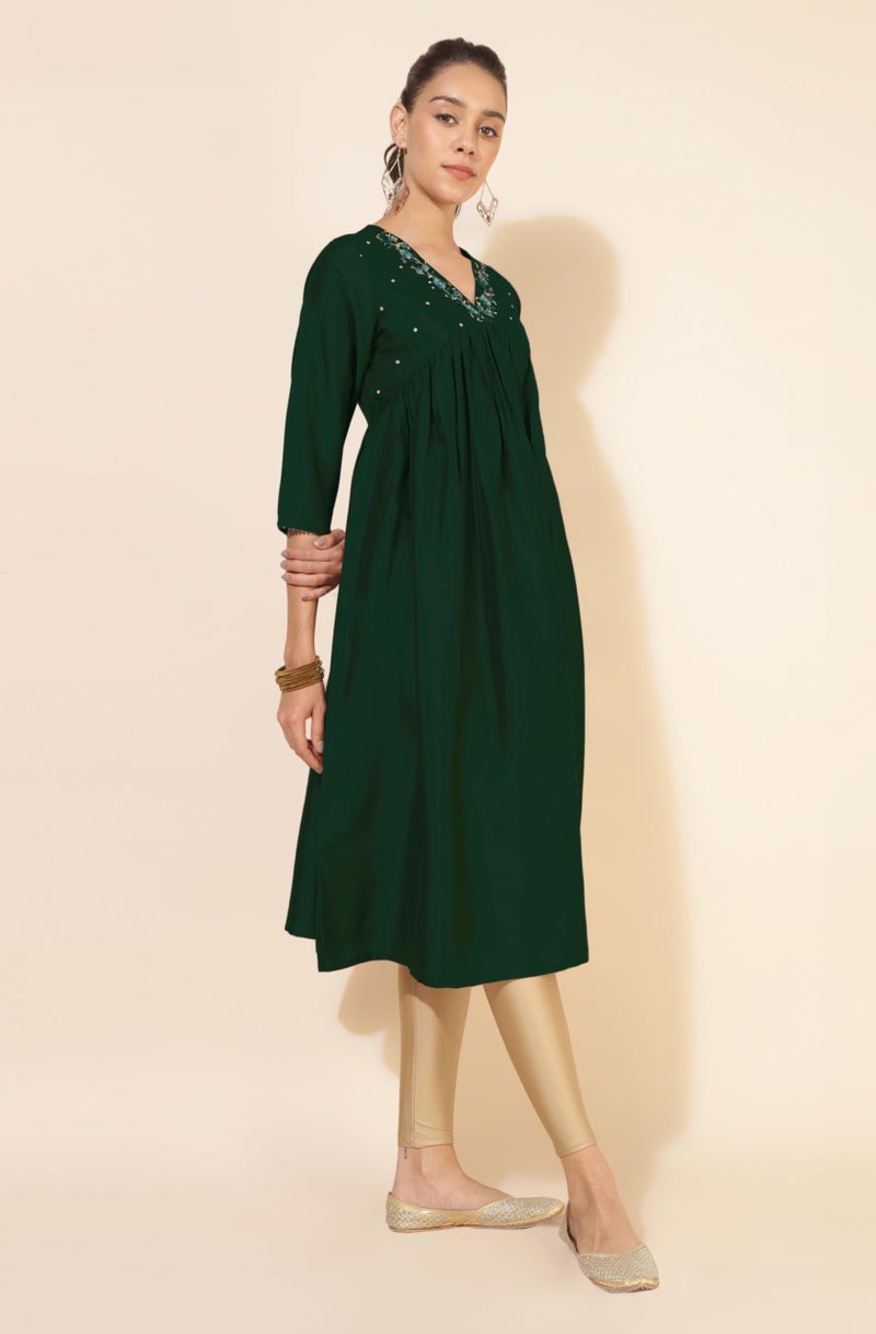 Janasya Women's Dark Green Silk Blend Yoke Embroidered A-Line Kurta (JAC24KR01400-2XL) - Image 4