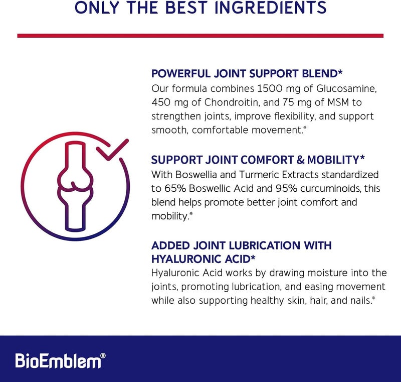BioEmblem Joint Support  Glucosamine Chondroitin  MSM 1500 MG  with Boswellia Turmeric  Hyaluronic Acid  Joint Health Supplement Mobility Flexibility Cartilage  NonGMO  90 Caps - Image 2
