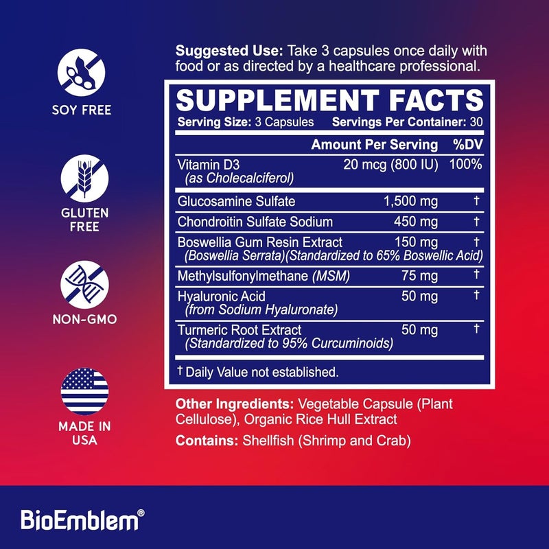 BioEmblem Joint Support  Glucosamine Chondroitin  MSM 1500 MG  with Boswellia Turmeric  Hyaluronic Acid  Joint Health Supplement Mobility Flexibility Cartilage  NonGMO  90 Caps - Image 5