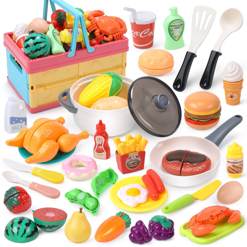 HOLYFUN Play Food Toy Set for Kids Kitchen, Shopping Basket with Cutting Fruit & Vegetables Accessories, Pot and Pan, Plastic Dishes, Toddler Play Kitchen Accessories Educational Toys for Boys Girls - Image 1