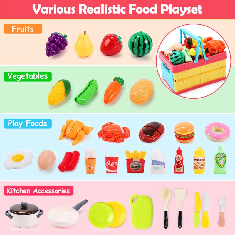 HOLYFUN Play Food Toy Set for Kids Kitchen, Shopping Basket with Cutting Fruit & Vegetables Accessories, Pot and Pan, Plastic Dishes, Toddler Play Kitchen Accessories Educational Toys for Boys Girls - Image 3