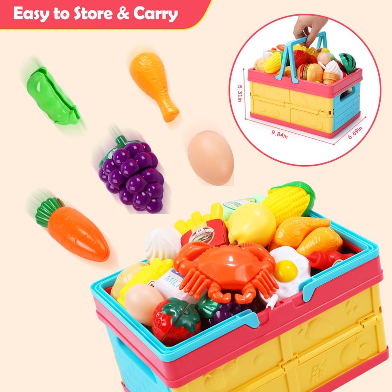 HOLYFUN Play Food Toy Set for Kids Kitchen, Shopping Basket with Cutting Fruit & Vegetables Accessories, Pot and Pan, Plastic Dishes, Toddler Play Kitchen Accessories Educational Toys for Boys Girls - Image 5