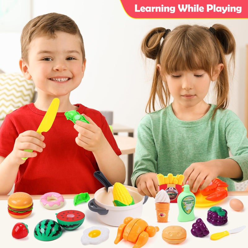 HOLYFUN Play Food Toy Set for Kids Kitchen, Shopping Basket with Cutting Fruit & Vegetables Accessories, Pot and Pan, Plastic Dishes, Toddler Play Kitchen Accessories Educational Toys for Boys Girls - Image 2