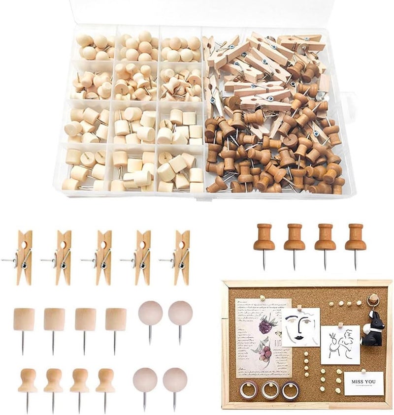 ORiTi 200Pcs Wood Push Pins, 5 Shapes Decorative Thumb Tacks, Wooden Pins And Tacks, Cork Board Thumbtacks, Cute Thumbtack For Bulletin Boards, Cork Boards, Whiteboards. - Image 1
