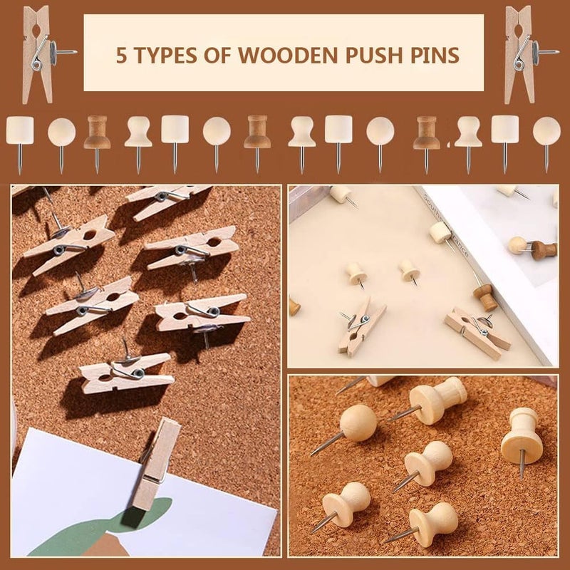 ORiTi 200Pcs Wood Push Pins, 5 Shapes Decorative Thumb Tacks, Wooden Pins And Tacks, Cork Board Thumbtacks, Cute Thumbtack For Bulletin Boards, Cork Boards, Whiteboards. - Image 3