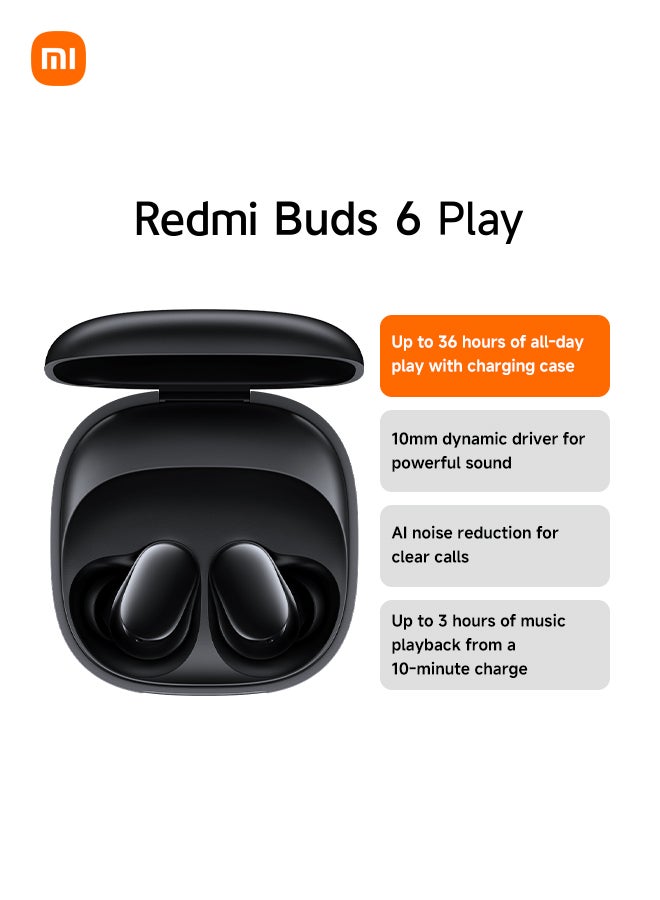 شاومي سماعات Redmi Buds 6 Play | مشغل 10 مم | تقنية تقليل الضوضاء بالذكاء الاصطناعي | عمر بطارية يصل إلى 36 ساعة | بلوتوث 5.4 | تحكم باللمس - إصدار عالمي - أسود - Image 1