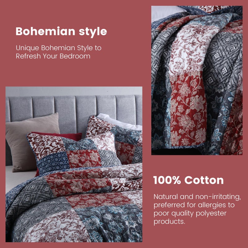 Secgo Queen Comforter Set for Bed - 100% Cotton Quilts Queen Size, Burgundy Bedspreads (90 * 98 Inch) with 2 Pillow Shams, Patchwork Reversible Lightweight Bedding - Image 4