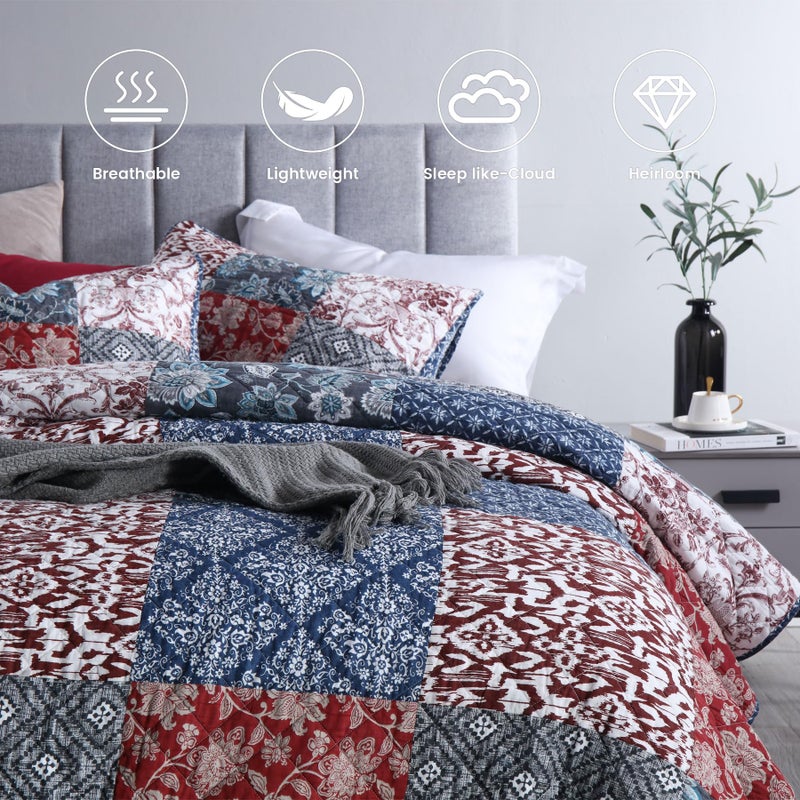 Secgo Queen Comforter Set for Bed - 100% Cotton Quilts Queen Size, Burgundy Bedspreads (90 * 98 Inch) with 2 Pillow Shams, Patchwork Reversible Lightweight Bedding - Image 3