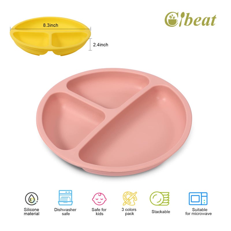 Cibeat Toddler Plates 3 Pack, 100% Silicone Suction Plates for Babies and Toddlers, Microwave and Dishwasher Safe, BPA Free, Divided Design, Pink & Yellow & Purple - Image 2