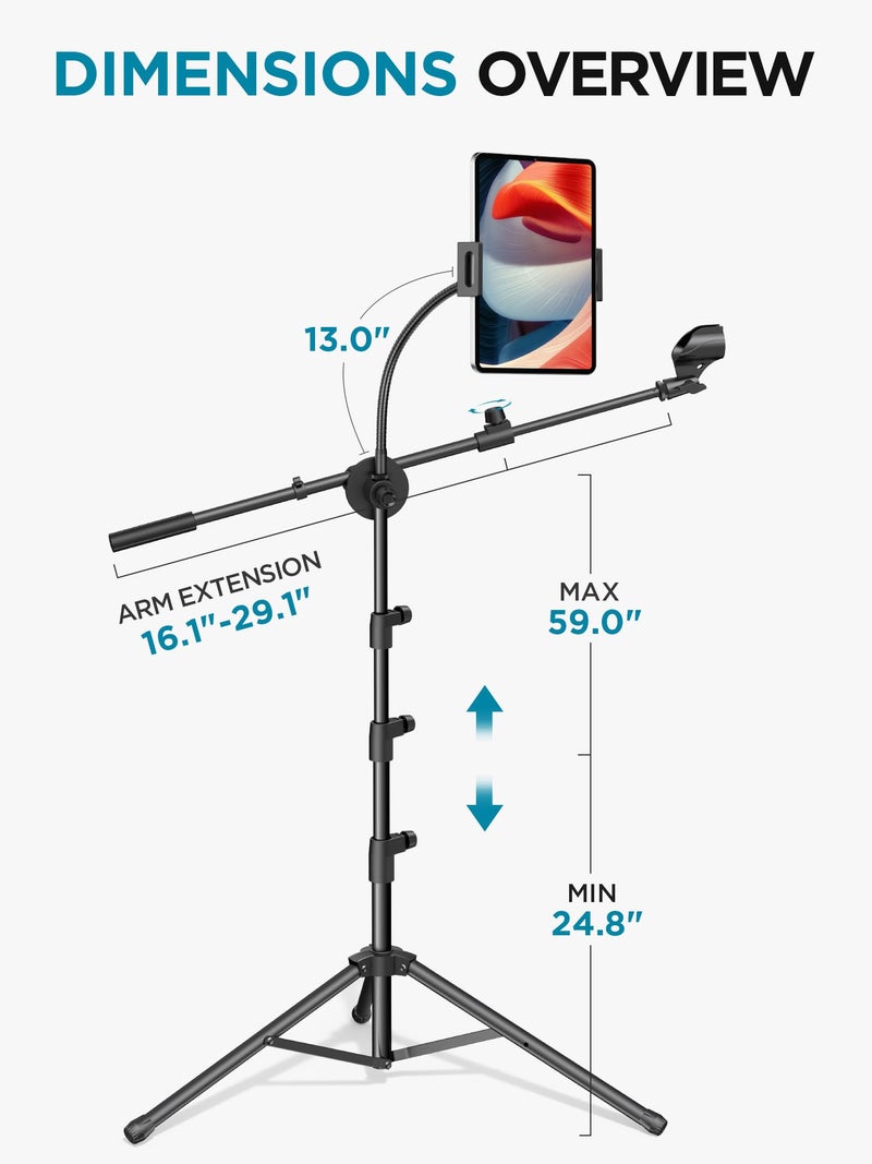 InnoGear Mic Stand, 6 in 1 Microphone Stand Floor with Tablet Phone Holder Height Adjustable from 30" to 72" Mic Stand Tripod Boom Arm with Gooseneck Carrying Bag for Singing Karaoke Stage - Image 2