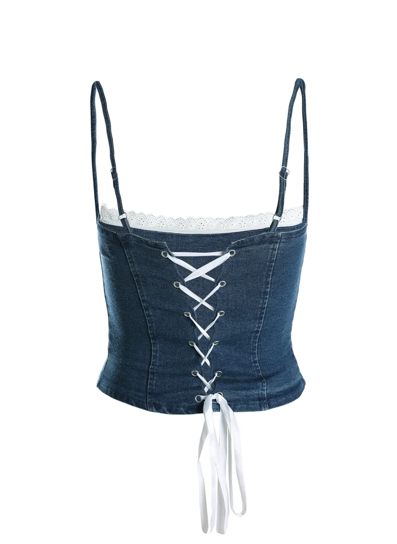 London Rag Spaghetti Strap Vintage Corset Top in Blue