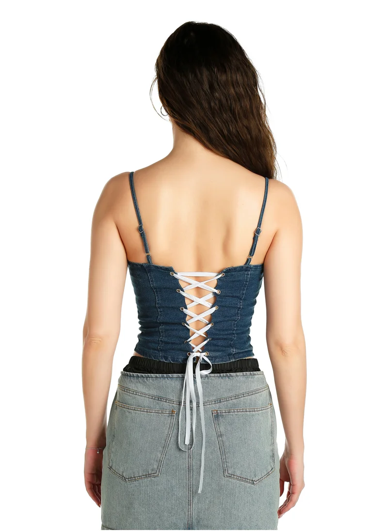 London Rag Spaghetti Strap Vintage Corset Top in Blue