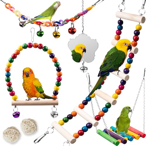 JINJINANV Bird Toys for Parakeets 7Pcs Wood Parrots Budgie Cage Accessories Bird Perch Swings for Small Conure Cockatiel Toys Bird Ladder Swing for Parakeets Climbing 18 - Image 1