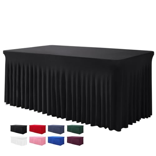 BDDC Table Skirts for Rectangle Tables 6ft - One-Piece Black Tablecloths and Skirt, Wrinkle Resistant Ruffles Elastic Cover for Banquets, Weddings, Events, Parties - Image 1