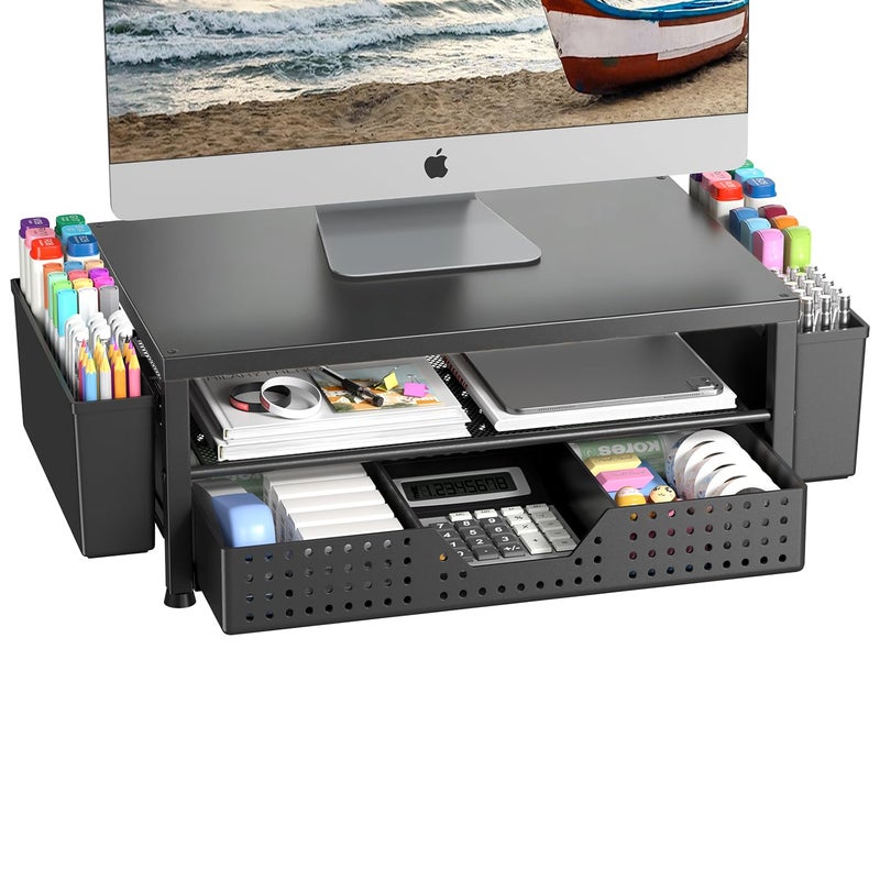 Gugsey Wood Metal Monitor Stand Riser, Laptop Stand for Desk, Office Desk Organizer and Accessories, Computer Desktop Shelf with Drawer and Pen Holder, Printer Stand for Home, Office, Dorm (Black Wood) - Image 1