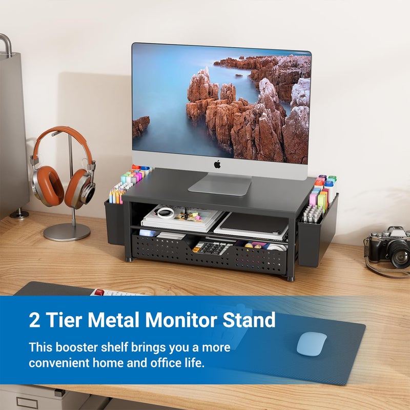 Gugsey Wood Metal Monitor Stand Riser, Laptop Stand for Desk, Office Desk Organizer and Accessories, Computer Desktop Shelf with Drawer and Pen Holder, Printer Stand for Home, Office, Dorm (Black Wood) - Image 2