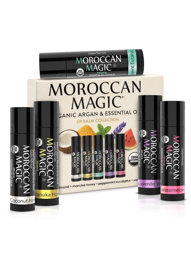 Moroccan Magic Organic Lip Balm Variety Pack | Made with Natural Cold Pressed Argan and Essential Oils | Lip Balm | Smooth Application | Non-Toxic, Cruelty Free | 5 Pack - Image 1