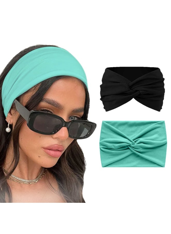 قطعتين من عصابات الرأس القطنية المحبوكة للنساء، بتصميم توربان بعقدة أنيقة، إكسسوارات شعر عصرية (أسود وتركواز) - Image 1
