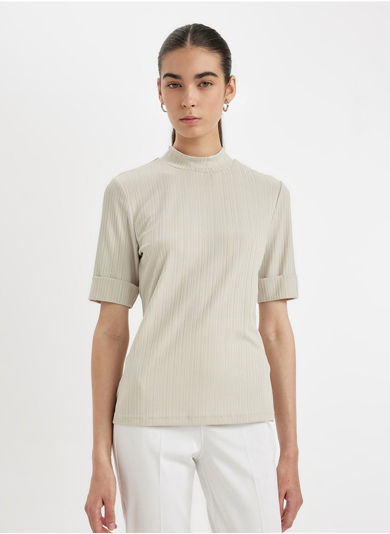 DeFacto Regular Fit Half Turtleneck Ribbed Short Sleeve Basic T-Shirt  - Image 1